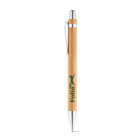MELLO. Conjunto de caneta esferogr&aacute;fica com escrita em azul e lapiseira, ambas em bambu - Natural