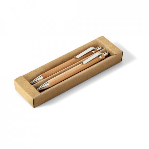 MELLO. Conjunto de caneta esferogr&aacute;fica com escrita em azul e lapiseira, ambas em bambu - Natural