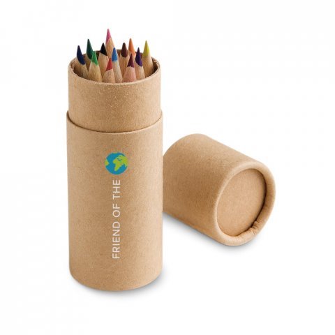 CRICKET. Caixa cil&iacute;ndrica em papel kraft reciclado com 12 l&aacute;pis de cor - Natural