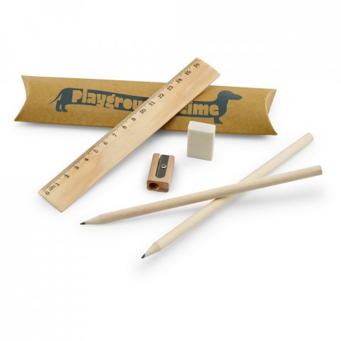 RHOMBUS. Kit de escrita: r&eacute;gua, l&aacute;pis de grafite, borracha e apontador - Natural