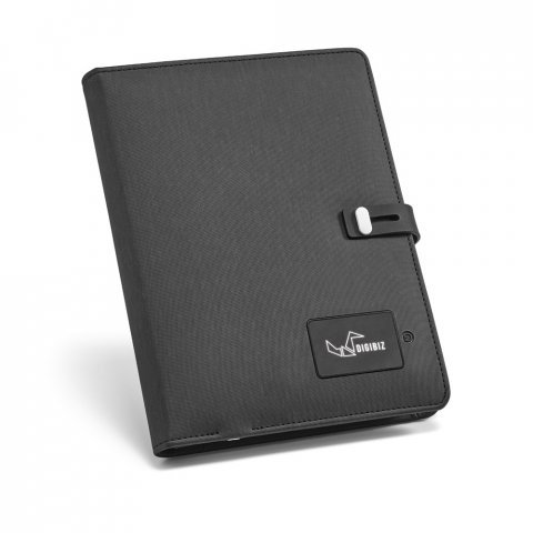 AFONSO. Pasta A5 em c. sint&eacute;tico com bateria port&aacute;til embutida (l&iacute;tio) 4.000 mAh e bloco com p&aacute;ginas pautadas - Cinza escuro