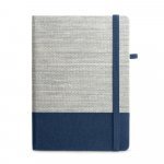 ROUSSEAU II. Caderno A5 de capa dura em palha e algod&atilde;o canvas, com p&aacute;ginas pautadas - Azul