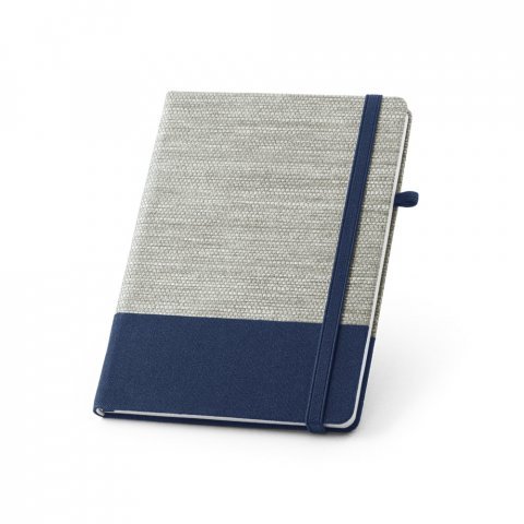 ROUSSEAU II. Caderno A5 de capa dura em palha e algod&atilde;o canvas, com p&aacute;ginas pautadas - Azul