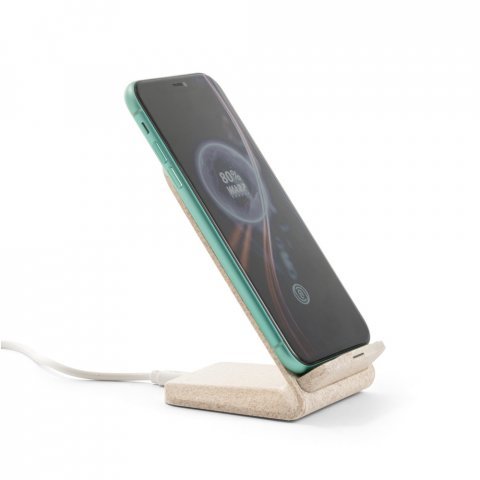 MAXWELL. Suporte para celular com carregador por indu&ccedil;&atilde;o super-r&aacute;pido (15W), em fibra de palha de trigo e ABS - Natural