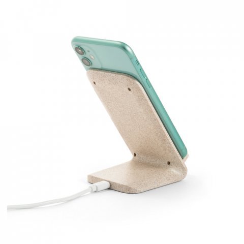 MAXWELL. Suporte para celular com carregador por indu&ccedil;&atilde;o super-r&aacute;pido (15W), em fibra de palha de trigo e ABS - Natural