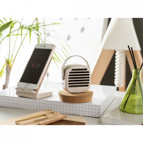 MAXWELL. Suporte para celular com carregador por indu&ccedil;&atilde;o super-r&aacute;pido (15W), em fibra de palha de trigo e ABS