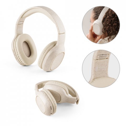 MARCONI. Fones de ouvido wireless dobr&aacute;veis com autonomia de 13h (400 mAh), em fibra de palha de trigo e ABS
