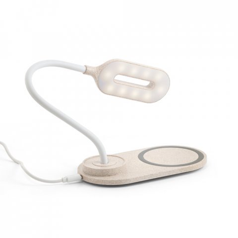 LEZZO. Lumin&aacute;ria de mesa com carregador por indu&ccedil;&atilde;o super-r&aacute;pido (15W), em ABS e fibra de palha de trigo - Natural