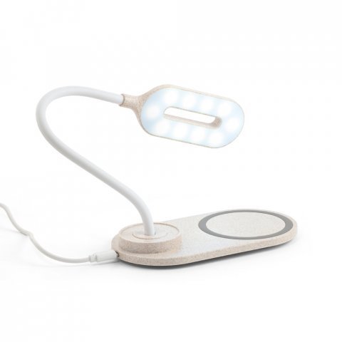 LEZZO. Lumin&aacute;ria de mesa com carregador por indu&ccedil;&atilde;o super-r&aacute;pido (15W), em ABS e fibra de palha de trigo - Natural