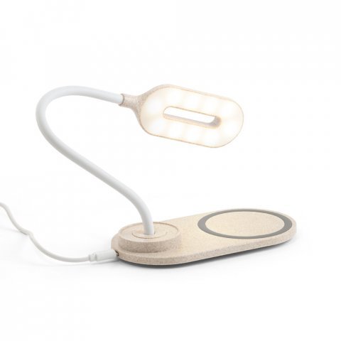 LEZZO. Lumin&aacute;ria de mesa com carregador por indu&ccedil;&atilde;o super-r&aacute;pido (15W), em ABS e fibra de palha de trigo - Natural