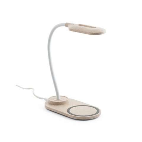 LEZZO. Lumin&aacute;ria de mesa com carregador por indu&ccedil;&atilde;o super-r&aacute;pido (15W), em ABS e fibra de palha de trigo - Natural