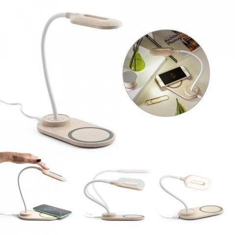 LEZZO. Lumin&aacute;ria de mesa com carregador por indu&ccedil;&atilde;o super-r&aacute;pido (15W), em ABS e fibra de palha de trigo