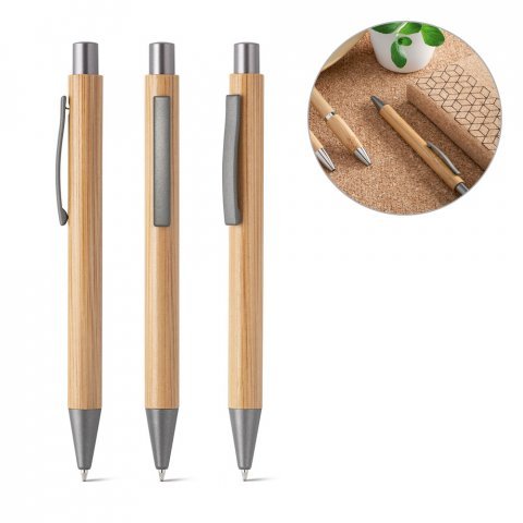 ELLIOT. Caneta esferogr&aacute;fica em bambu com escrita em azul - Natural