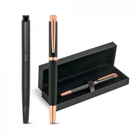 BLAZON. Caneta roller em metal com escrita em preto