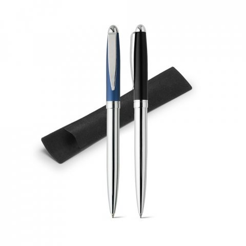 PLATA. Caneta esferogr&aacute;fica em inox e escrita em azul
