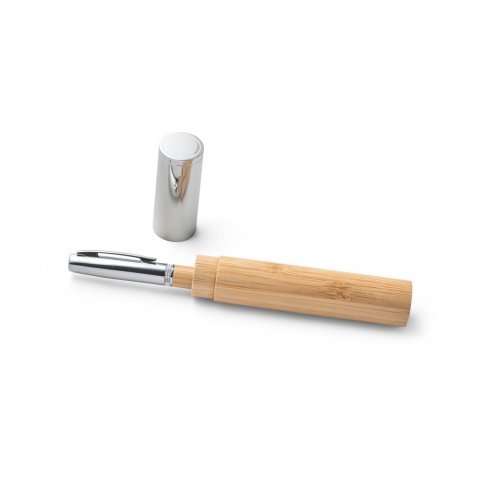 FUJI. Caneta esferogr&aacute;fica em bambu e metal com estojo em ABS e escrita em preto - Natural