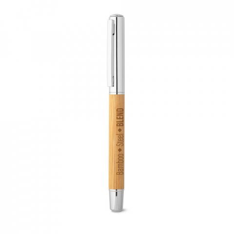 ELYSIA. Caneta roller em a&ccedil;o inox 90% reciclado e bambu com escrita em azul - Natural