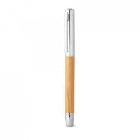ELYSIA. Caneta roller em a&ccedil;o inox 90% reciclado e bambu com escrita em azul - Natural