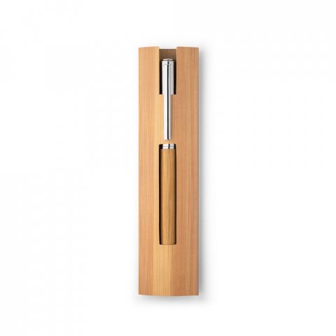 ELYSIA. Caneta roller em a&ccedil;o inox 90% reciclado e bambu com escrita em azul - Natural