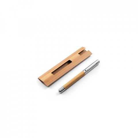 ELYSIA. Caneta roller em a&ccedil;o inox 90% reciclado e bambu com escrita em azul - Natural