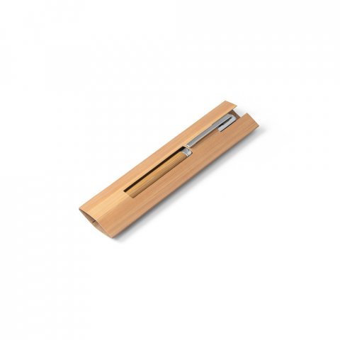 ELYSIA. Caneta roller em a&ccedil;o inox 90% reciclado e bambu com escrita em azul - Natural