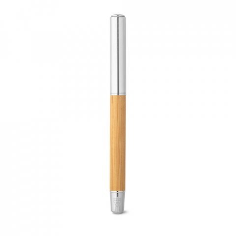 ELYSIA. Caneta roller em a&ccedil;o inox 90% reciclado e bambu com escrita em azul - Natural