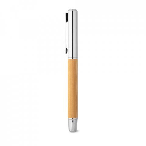 ELYSIA. Caneta roller em a&ccedil;o inox 90% reciclado e bambu com escrita em azul - Natural
