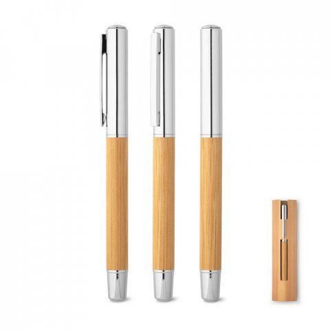 ELYSIA. Caneta roller em a&ccedil;o inox 90% reciclado e bambu com escrita em azul