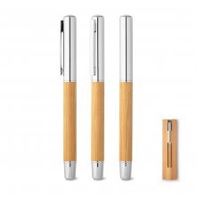 ELYSIA. Caneta roller em a&ccedil;o inox 90% reciclado e bambu com escrita em azul