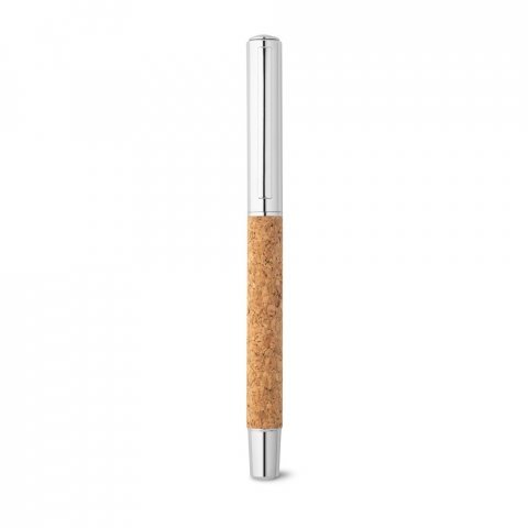 ANDREW. Caneta roller em a&ccedil;o inox 90% reciclado e corti&ccedil;a com escrita em azul - Natural