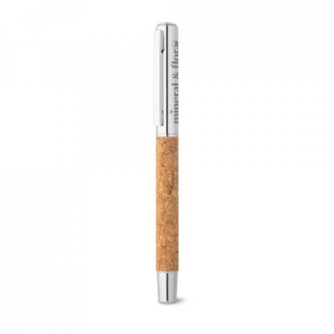 ANDREW. Caneta roller em a&ccedil;o inox 90% reciclado e corti&ccedil;a com escrita em azul - Natural