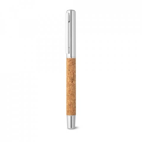 ANDREW. Caneta roller em a&ccedil;o inox 90% reciclado e corti&ccedil;a com escrita em azul - Natural