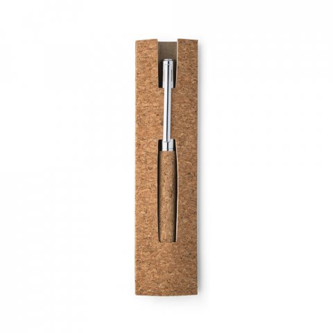 ANDREW. Caneta roller em a&ccedil;o inox 90% reciclado e corti&ccedil;a com escrita em azul - Natural