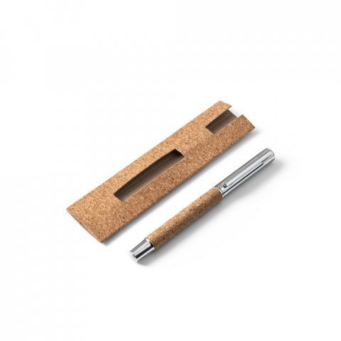 ANDREW. Caneta roller em a&ccedil;o inox 90% reciclado e corti&ccedil;a com escrita em azul - Natural