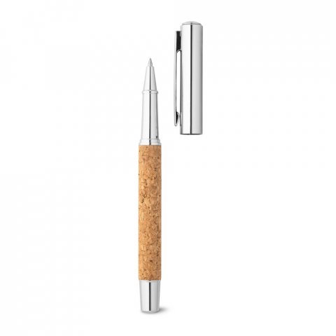 ANDREW. Caneta roller em a&ccedil;o inox 90% reciclado e corti&ccedil;a com escrita em azul - Natural