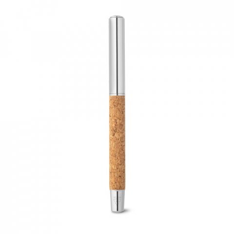 ANDREW. Caneta roller em a&ccedil;o inox 90% reciclado e corti&ccedil;a com escrita em azul - Natural