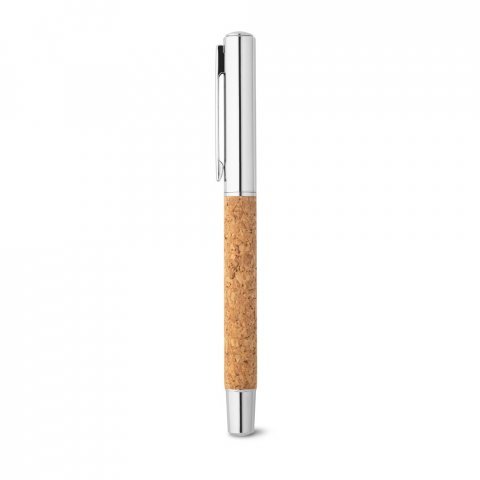 ANDREW. Caneta roller em a&ccedil;o inox 90% reciclado e corti&ccedil;a com escrita em azul - Natural