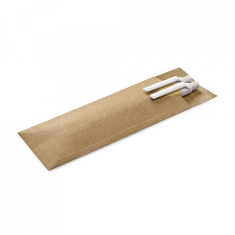 LEAF. Conjunto de caneta esferogr&aacute;fica com escrita em azul e lapiseira em papel kraft - Branco