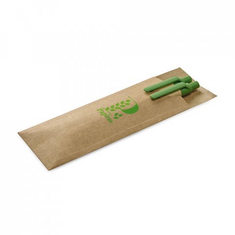 LEAF. Conjunto de caneta esferogr&aacute;fica com escrita em azul e lapiseira em papel kraft - Verde