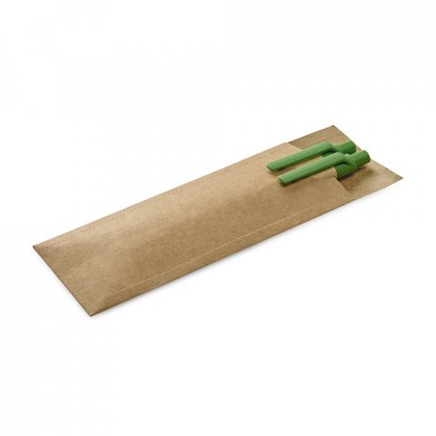 LEAF. Conjunto de caneta esferogr&aacute;fica com escrita em azul e lapiseira em papel kraft - Verde