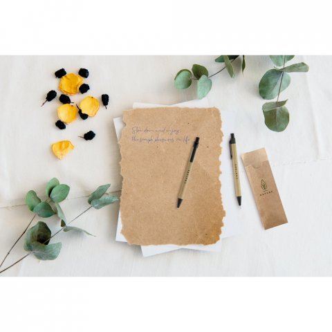 LEAF. Conjunto de caneta esferogr&aacute;fica com escrita em azul e lapiseira em papel kraft