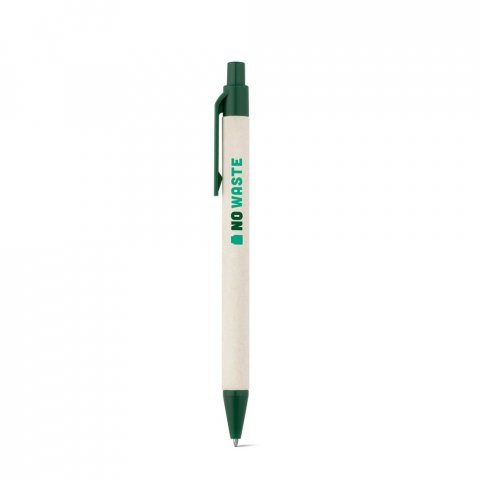 MILINK. Caneta esferogr&aacute;fica produzida atrav&eacute;s de pacotes de leite reciclado com escrita em azul - Verde escuro