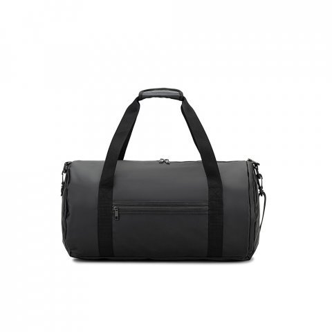 OSASCO SPORT. Bolsa esportiva em formato cil&iacute;ndrico em poli&eacute;ster reciclado 600D de alta densidade com compartimento lateral para sapatos (32 L) - Preto