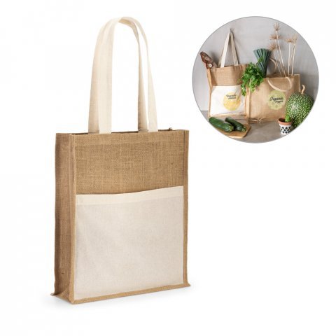 BRAGA. Sacola em 100% juta (240 g/m&sup2;) e bolso em 100% algod&atilde;o (140 gm&sup2;)