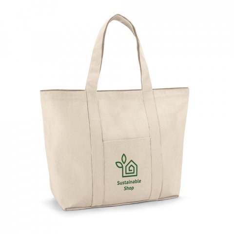 VILLE. Sacola 100% algod&atilde;o canvas (280 g/m&sup2;) com bolso frontal, bolso interior e fecho magn&eacute;tico - Natural claro