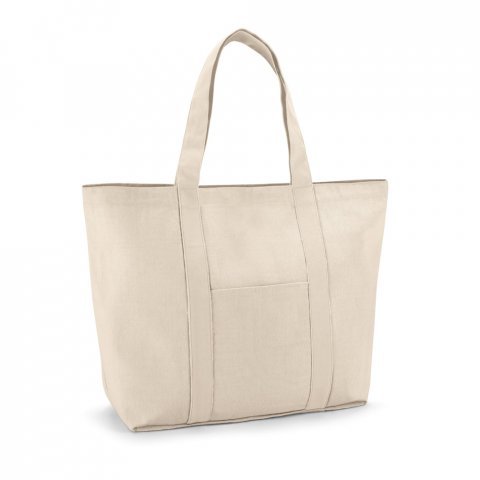 VILLE. Sacola 100% algod&atilde;o canvas (280 g/m&sup2;) com bolso frontal, bolso interior e fecho magn&eacute;tico - Natural claro