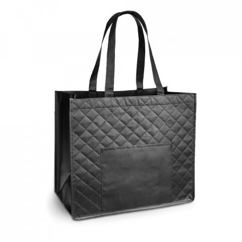 ARLETA. Sacola em non-woven laminado (110 g/m&sup2;) com bolso frontal (175 g/m&sup2;) - Preto