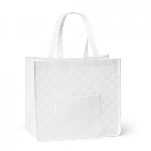 ARLETA. Sacola em non-woven laminado (110 g/m&sup2;) com bolso frontal (175 g/m&sup2;) - Branco
