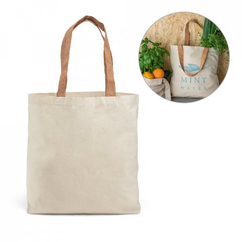 FERIA. Sacola 100% algod&atilde;o (180 g/m&sup2;) com al&ccedil;as em corti&ccedil;a e bolso interior