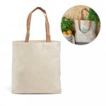FERIA. Sacola 100% algod&atilde;o (180 g/m&sup2;) com al&ccedil;as em corti&ccedil;a e bolso interior